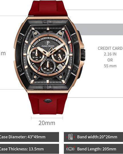 Paras Crown Watches for Men Tonneau 5ATM Waterproof Quartz Luxury Chronograph Analog Men's Wrist Watches Stainless Steel Case Mens Watches