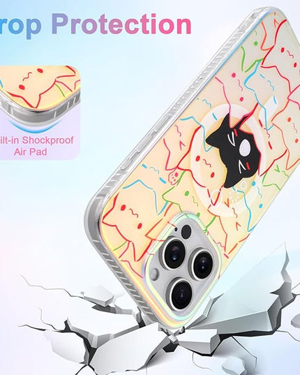 Cute Case for iPhone 16 Pro Case for Women Girls Boys [ Compatible with Magsafe ] Iridescent and Black Cats Cat Pattern Design, Kawaii Colorful Animal Soft Bumper Protective Phone Cover