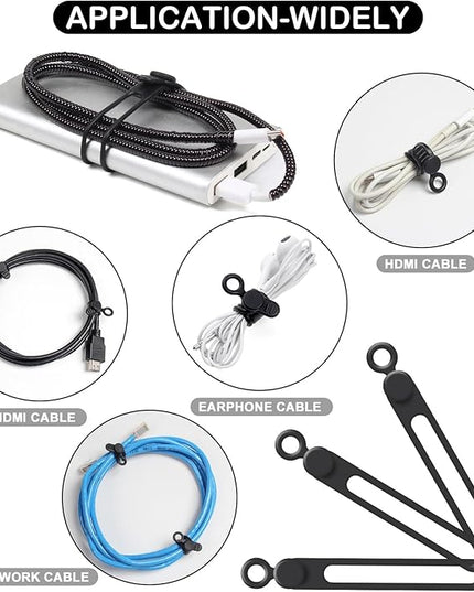 48Pcs Cord Organizer Kit, Reusable Elastic Silicone Cable Ties, Strong Adhesive Cable Clips for Cable Management, Multipurpose Wire Management for Bundling and Fastening Various Wires (Black）