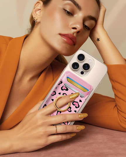 Shorogyt Compatible with Magsafe Wallet Magnetic Card Holder - Phone Wallets with Ring Grip Stand Cute Fashion for iPhone 17/16/15/14/13/12 Series for Women Girls Heart Row Design, Fit 3 Cards