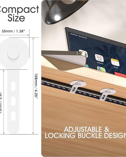 Nearockle Cable Management Under Desk, Adjustable Self-Adhesive Silicone Cable Ties Cord Organizer, Reusable Heavy-Duty Cord Holder Under Table for Office, Home, School (10Pcs-White)