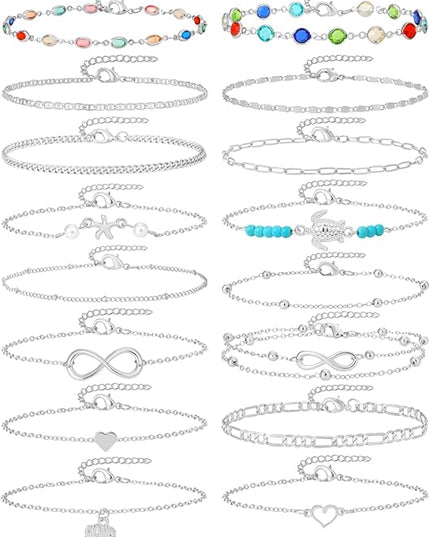Starain 12Pcs Summer Beach Anklets for Women Waterproof Gold Silver Chain Ankle Bracelets Cute Women's Foot Anklet Set 7.9-10.5 inch Adjustable