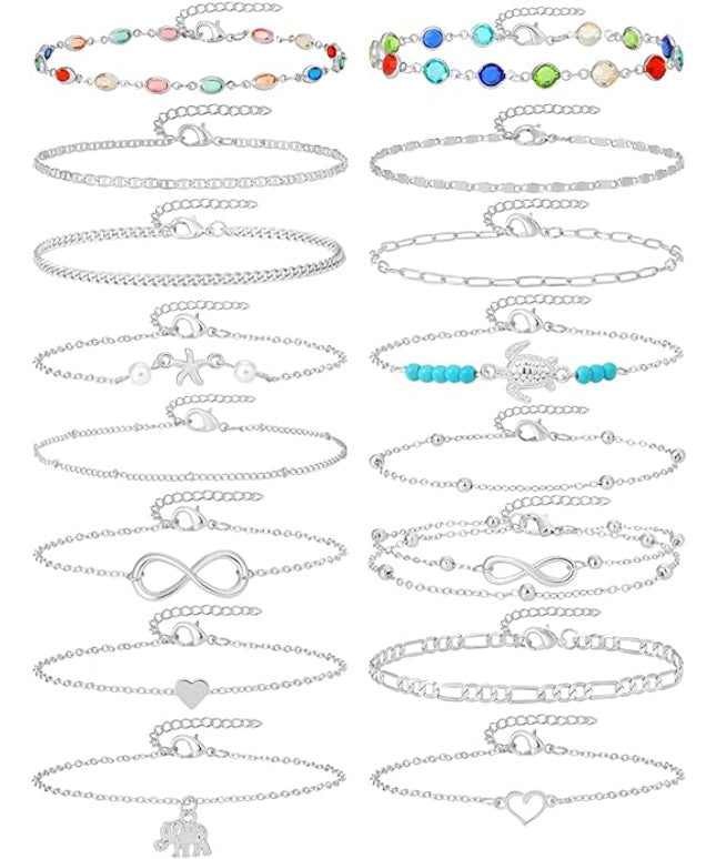 Starain 12Pcs Summer Beach Anklets for Women Waterproof Gold Silver Chain Ankle Bracelets Cute Women's Foot Anklet Set 7.9-10.5 inch Adjustable