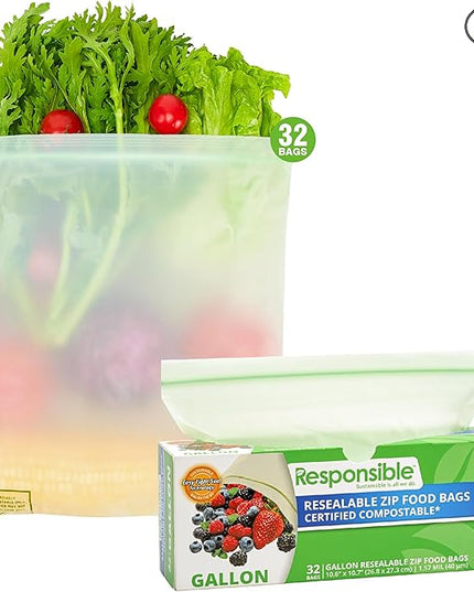 Responsible Products Certified Compostable Large GALLON Resealable Zip Bag, Extra Strength Food Bags, Made from Plant Materials (32 Pack)