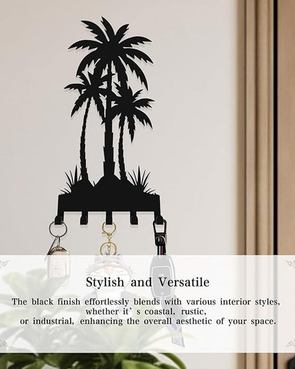 useNumber Black Metal Key Holder for Wall,Coconut Trees Key Hooks Wall Mount Whith 5 Hooks,Tropical Style Key Hanger Wall Decor for Front Door,Hallway,Entryway,Office