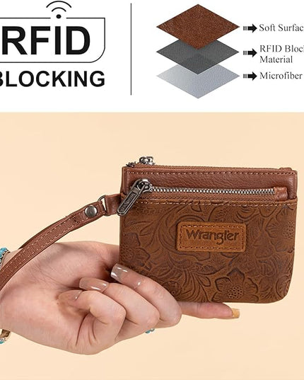 Montana West Wrangler Coin Purse for Women RFID-blocking Floral Embossed Change Pouch Wristlet Wallet Lightweight Portable Wallets Brown