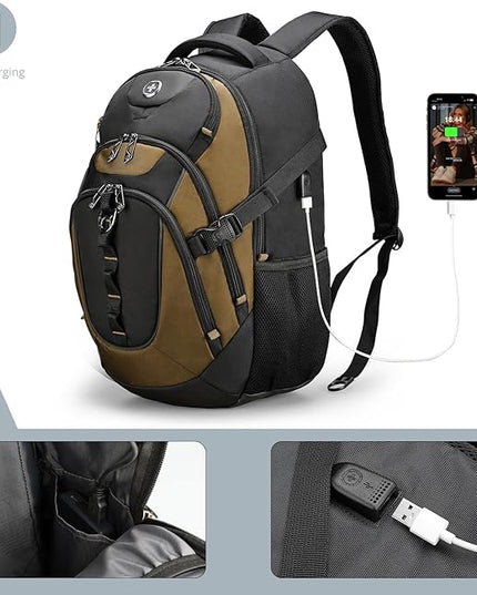 Swissdigital Design Laptop Backpack with USB Charging Port, Travel Backpack Fits 15.6 inches Computer, 31L College School Backpack for Men, Tan/Black | SD803-34