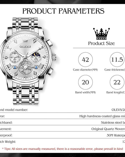OLEVS Mens Watches Chronograph Watch Luxury Dress Stainless Steel Waterproof Watches for Men Moon Phase Luminous Business Calendar Wrist Watch Blue/Black/Green/Gold/Face