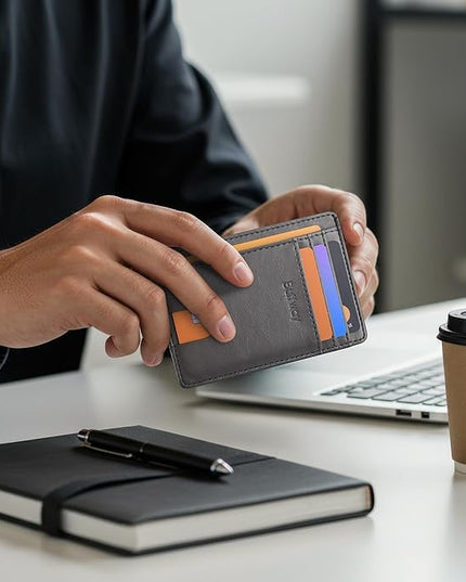 Buffway Slim Minimalist Front Pocket RFID Blocking Leather Wallets for Men and Women - Alaska Grey