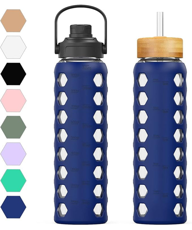 MUKOKO 32oz Glass Water Bottles with 2 Lids-Handle Spout Lid&Bamboo Straw Lid, Motivational Water Tumbler with Time Marker Reminder and Silicone Sleeve, Leakproof-Blue-1 Pack