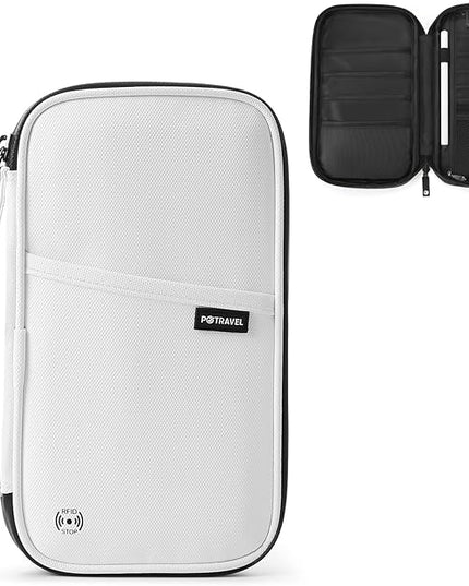 Travel Passport Holder, Large Family Passport Walle for Men Women RFID Passport Cover Lightweight Portable Document Organizer with Wrist Strap (White)