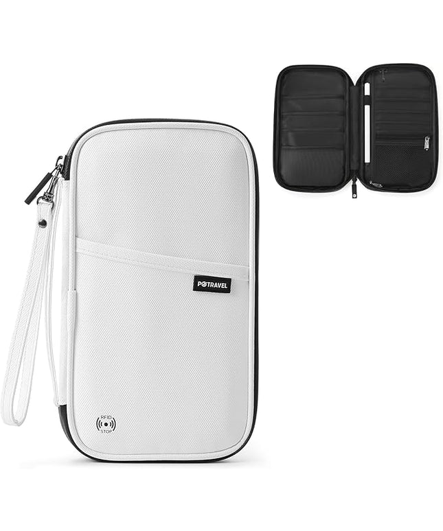 Travel Passport Holder, Large Family Passport Walle for Men Women RFID Passport Cover Lightweight Portable Document Organizer with Wrist Strap (White)