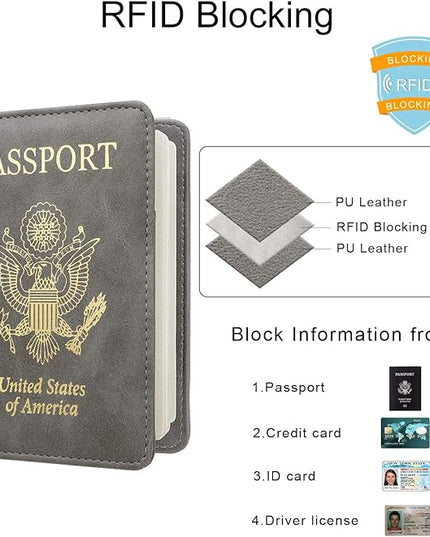 WALNEW Passport Holder for Travel, RFID Passport Cover Wallet for Women Men, PU Leather Passport Book Card Holder Case with Pen, Travelling Essentials for Flying