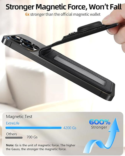 For Magsafe Wallet Stand with Airtag Holder, Strongest Magnetic Wallet for iPhone 17/16/15/14/13/12 Series, ID Window, 4 Card Slots, 10 Cards Holder, Vegan Leather, RFID Blocking, Black