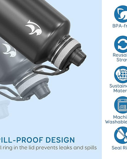 Insulated Water Bottle 87 oz with Straw, Coolflask 2/3 Gallon Stainless Steel Metal 3 Lids Large Water Jug for Sports or Office, Non-BPA Keep Cold Up to 48 Hrs or Hot Up to 24 Hrs, Magic Black