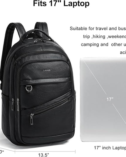 43L Backpack for Women Men - Vegan Leather Backpack Purse Travel Carry-on Bag College Bookbag Work fits 17" Laptop, Black