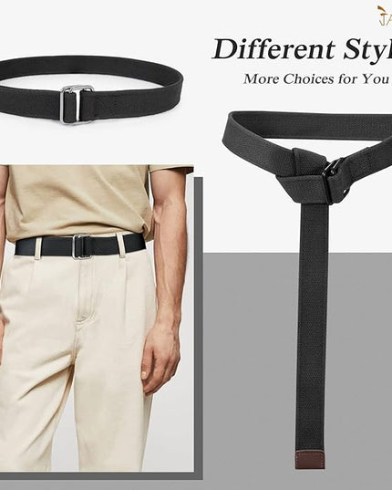 JASGOOD Men Canvas Fabric Belts Casual Web Cloth Belts with Black Double Ring Buckle 2 Pack