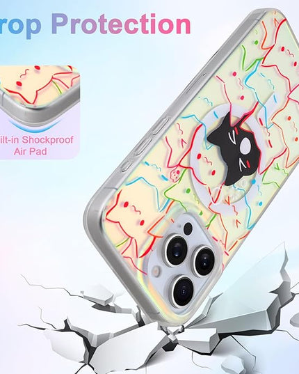 Cute Case for iPhone 15 Pro Case for Women Girls Boys [ Compatible with Magsafe ] Iridescent and Black Cats Cat Pattern Design, Kawaii Colorful Animal Soft Bumper Protective Phone Cover