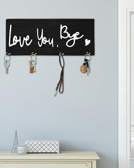MBYHP Wooden Key Holder with 4 Hooks - Love You Bye Decorative Key Organizer for Wall - Home Office Kitchen Hallway Entryway Wall Decor for Keys, Dog Leash Hanging - A05