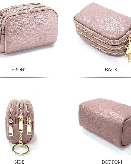 LINNO 3 Zippered Genuine Leather Coin Purse Triple Capacity Change Pouch Little Travel Wallet With Key Ring for Women