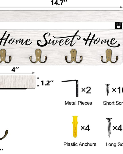 buways Wall-Mounted Key and Mail Holder, Wooden Key Rack with 4 Double Key Hooks, Rustic Home Decor for Entryway(White)