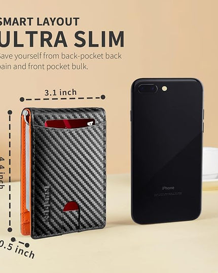 RUNBOX Slim Wallet for Men Genuine Leather RFID Blocking Bifold Minimalist Front Pocket Mens Wallet with Money Clip Thin Gift Box