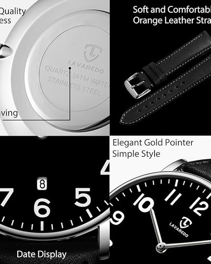 L LAVAREDO Watch for Men, Extremely Thin Mens Watches Minimalist Analog Men's Leather Wrist Watches with Time/Date, Birthday Gift for Men Boyfriend