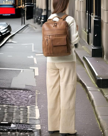 VELEZ Brown Leather Backpack for Men & Women - Large Capacity Laptop Travel Backpack with 17" Sleeve - Vintage Travel Bag with Adjustable Straps, Multiple Pockets & Trolley Sleeve