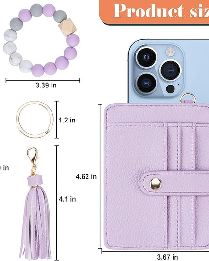 Keychain Wallet with Bracelet RFID Blocking Wristlet Credit Purse Card Holder, Silicone Bead Tassel Key Ring for Women