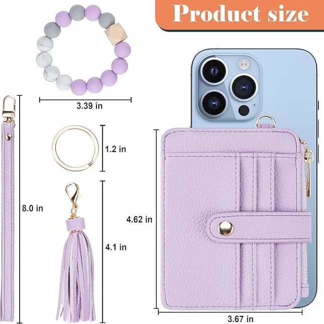 Keychain Wallet with Bracelet RFID Blocking Wristlet Credit Purse Card Holder, Silicone Bead Tassel Key Ring for Women