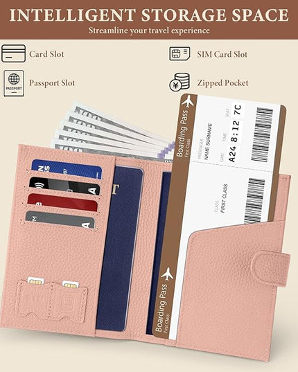 Genuine Leather Passport Holder for Women Men, Hidden Airtag Pocket, RFID Blocking, Zippered Coins Pocket & Cash Compartment Travel Gifts Essentials Passport Cover Case - Pink