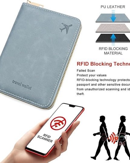 defway Passport Holder Travel Wallet - RFID Blocking Passport Holder Wallet, Full Zip Travel Card Cover with RFID Protection, Multi Slot Organizer for Cards Cash Documents Travel Essentials (Blue)