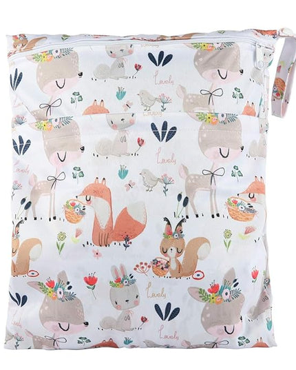 Wet Dry Bag Cloth Diaper Nappy Reusable Washable With Two Zippered Pockets (Rabbit Squirrel)