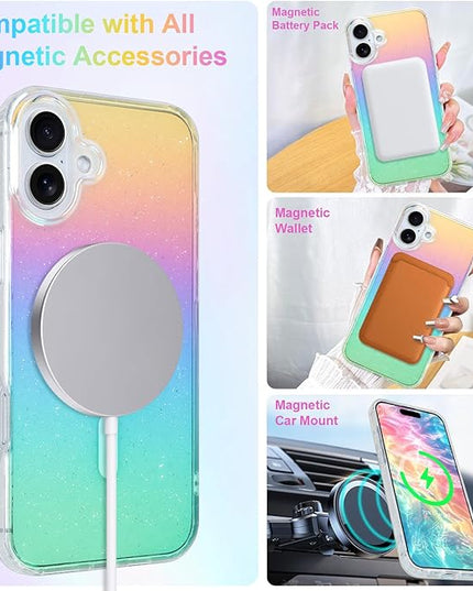 Glitter Case for iPhone 17 Case for Women Girls [ Compatible with Magsafe ] Clear Cute Girly Aesthetic Gradient Rainbow Sparkly Bling Magnetic Phone Cover, Iridescent Colors