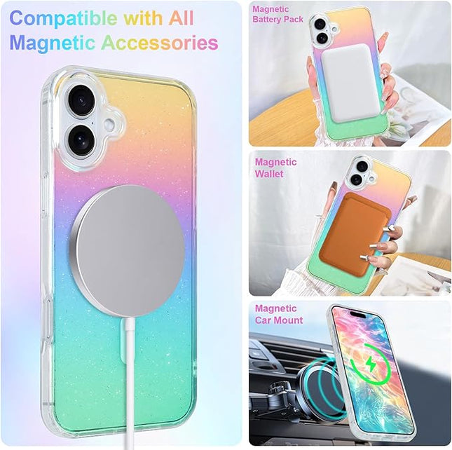 Glitter Case for iPhone 17 Case for Women Girls [ Compatible with Magsafe ] Clear Cute Girly Aesthetic Gradient Rainbow Sparkly Bling Magnetic Phone Cover, Iridescent Colors