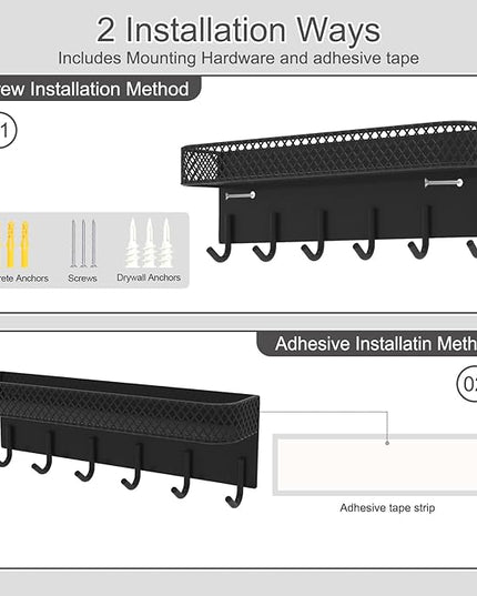 Lwenki Key Holder for Wall – Decorative Stainless Steel Key Hanger with 6 Hooks for Hats, Bags, Leashes – Mail Holder Key Rack with Mounting Hardware and Guide (9.65” x 2.8” x 2.2”) (Black)