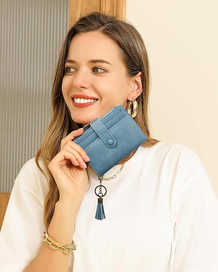 Blucoay Leather Wallet Women,RFID Blocking Small Wallet for Women Compact Card Holder Bifold Tassel Wallet Coin Purse With ID Window lzblue