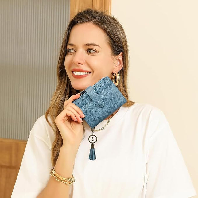 Blucoay Leather Wallet Women,RFID Blocking Small Wallet for Women Compact Card Holder Bifold Tassel Wallet Coin Purse With ID Window lzblue