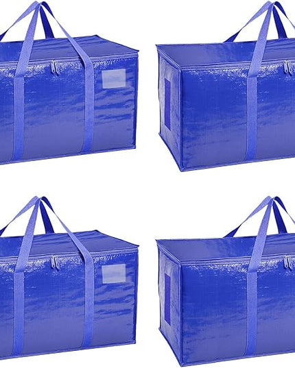 4 Pack-Extra Large Heavy Duty Moving Bags - Waterproof Storage Totes with Handles & Zippers, Foldable for College Dorm, Storage (Blue)