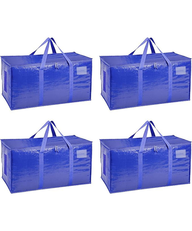 4 Pack-Extra Large Heavy Duty Moving Bags - Waterproof Storage Totes with Handles & Zippers, Foldable for College Dorm, Storage (Blue)
