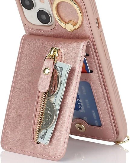 for iPhone 15 Wallet Case with Card Holder, for iPhone 15 Case Wallet with Strap Credit Card Slot, Crossbody Bag with Zipper Case for iPhone15 - Rose Gold