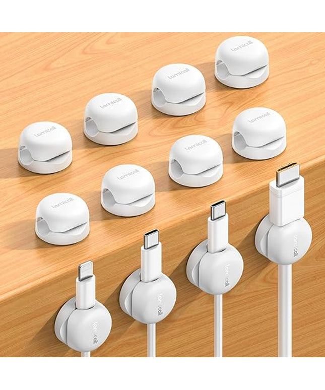 Lamicall Spring Cord Organizer, Office Desk Accessories - 12Pack Compact Desk Cable Management Holder Clips, Nightstand Phone Charging Cord Holder, 8mm Slot Adhesive Wire Organizer, White