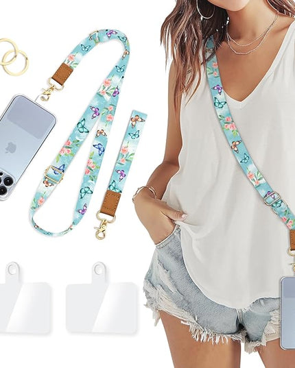 Phone Lanyard Crossbody Wrist Strap, Butterfly Flower Cell Phone Lanyards for Around the Neck Wristlet Shoulder, Adjustable Floral Strap for Car Keys Keychain Wallet ID Badge