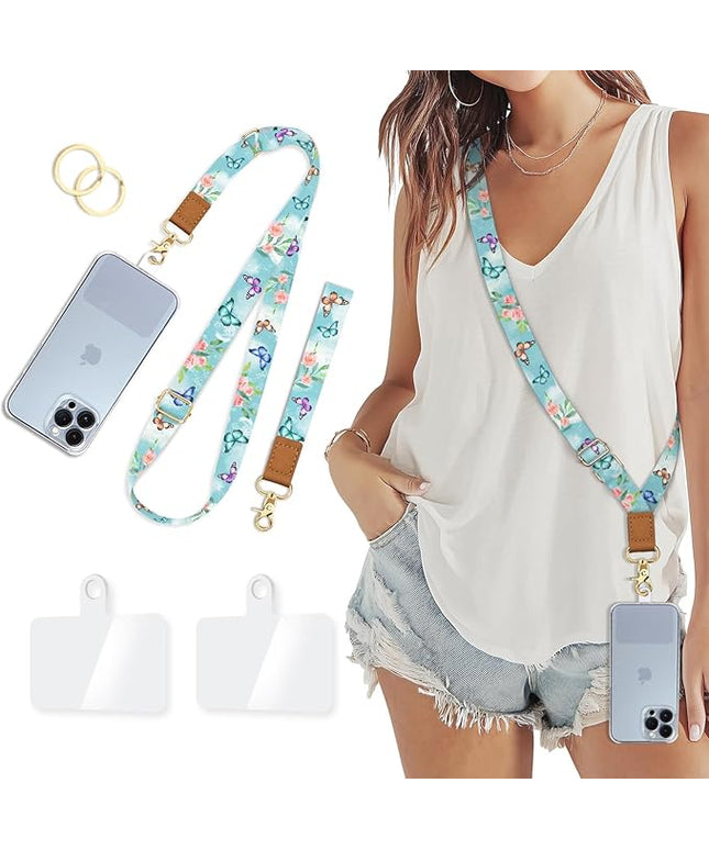 Phone Lanyard Crossbody Wrist Strap, Butterfly Flower Cell Phone Lanyards for Around the Neck Wristlet Shoulder, Adjustable Floral Strap for Car Keys Keychain Wallet ID Badge