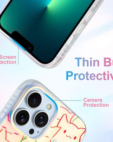 Cute Case for iPhone 13 Pro Case for Women Girls Boys [ Compatible with Magsafe ] Iridescent and Black Cats Cat Pattern Design, Kawaii Colorful Animal Soft Bumper Protective Phone Cover