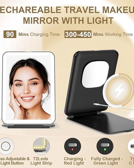 Mocado LED Foldable Travel Makeup Mirror - 5x7 inches 3 Colors Light Modes USB Rechargeable Touch Screen, Portable Tabletop Cosmetic Mirror for Travel, Cosmetic, Office (Black)