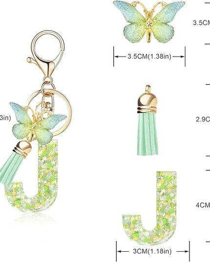 Fashion Alphabet Initial Letter Keychain Tassel Butterfly Pendant Key Ring for Purse Handbags Women Girl