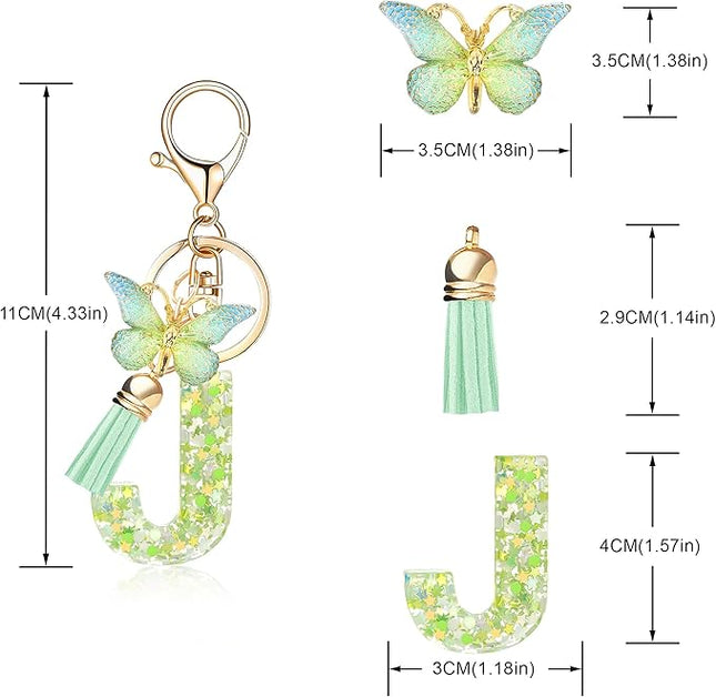 Fashion Alphabet Initial Letter Keychain Tassel Butterfly Pendant Key Ring for Purse Handbags Women Girl