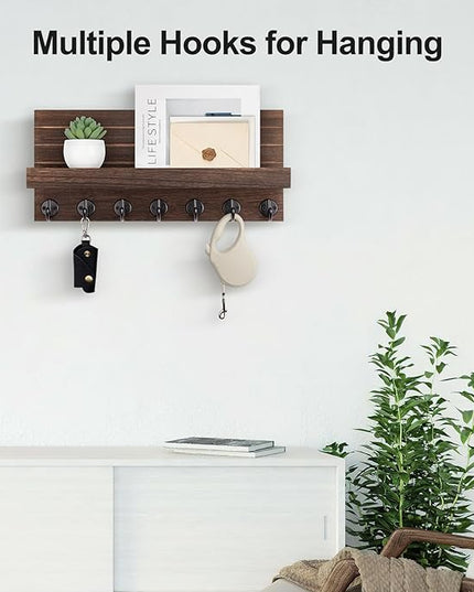 Lwenki Key Holder Wall Mount, Entryway Key and Mail Holder with 7 Sturdy Hooks for Sunglasses, Dog Leash, Decorative Wall Shelf with Mounting Hardware, 15”W x 6.7”H x 4.2”D (Brown)