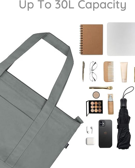 Eco Right Canvas Tote Bag for Women with Zip & Inner Pocket, 100% Organic Cotton Tote Bags for Men, Shopping, Beach